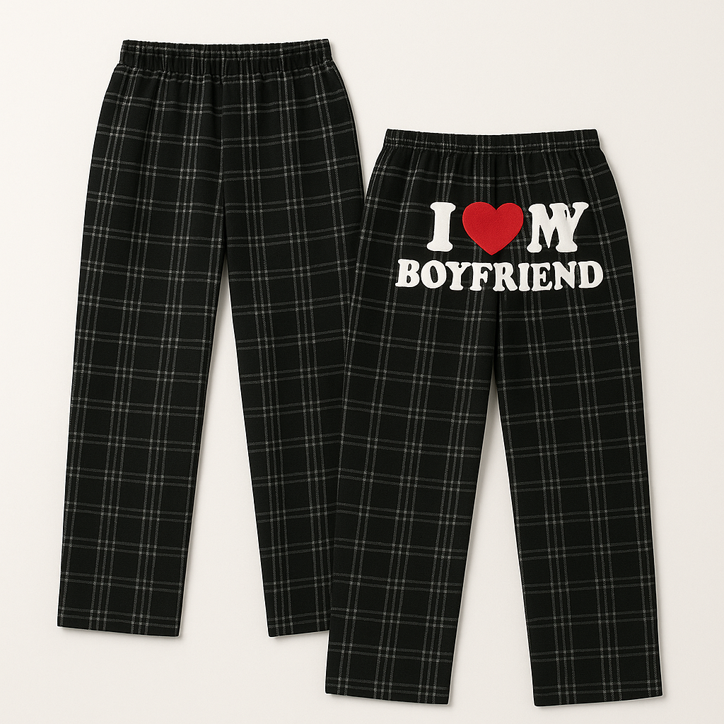 I Love My Boyfriend plaid Pajamas - Luxurious Soft Plushie Loungewear for All Seasons Comfortable Sizes X-Small to 3XL Casual Nightwear
